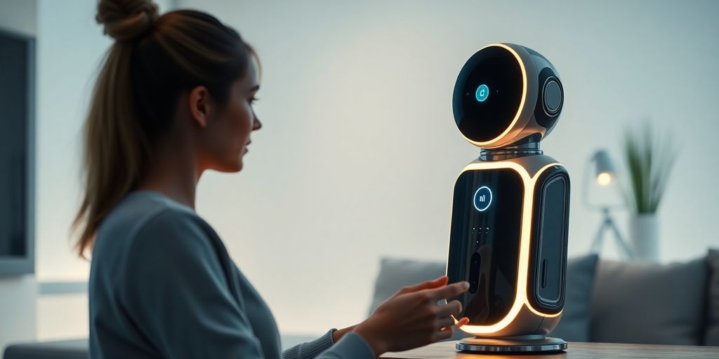 Futuristic AI voice agent device in a modern setting.